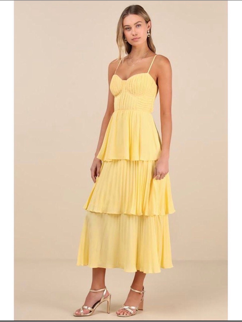 Lulu's Sunlit Yellow Tiered Midi Dress with Spaghetti Straps